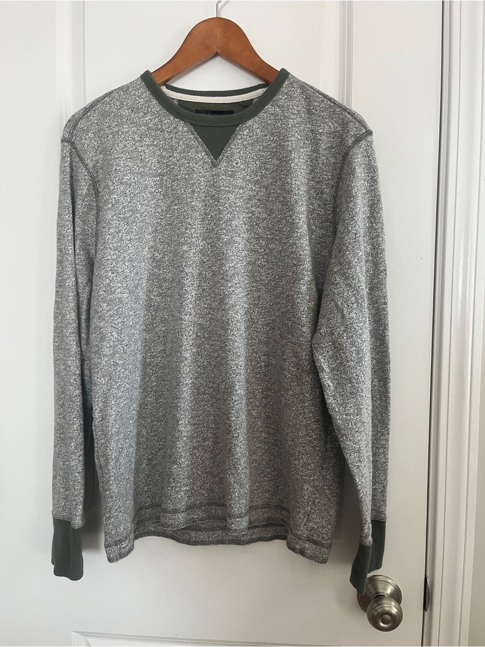 Banana Republic Gray Crewneck Sweater with Olive Trim